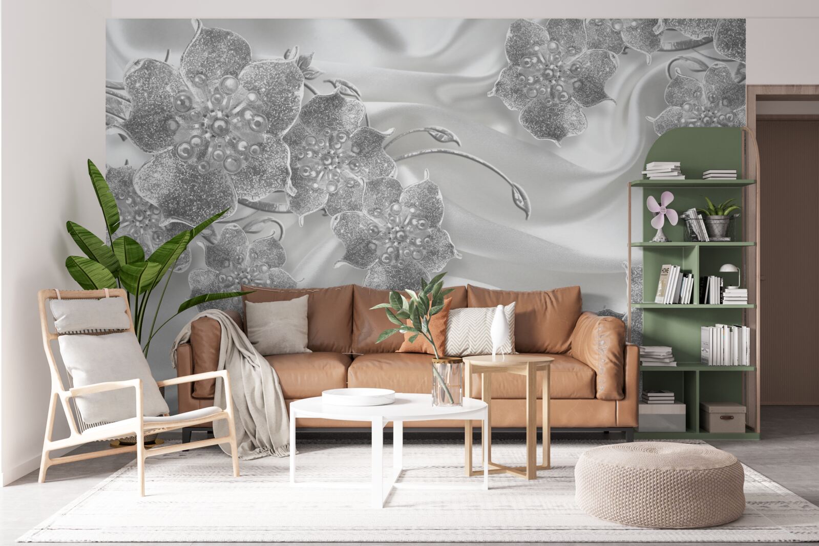 Papier peint tissu de satin blanc avec fleurs grises