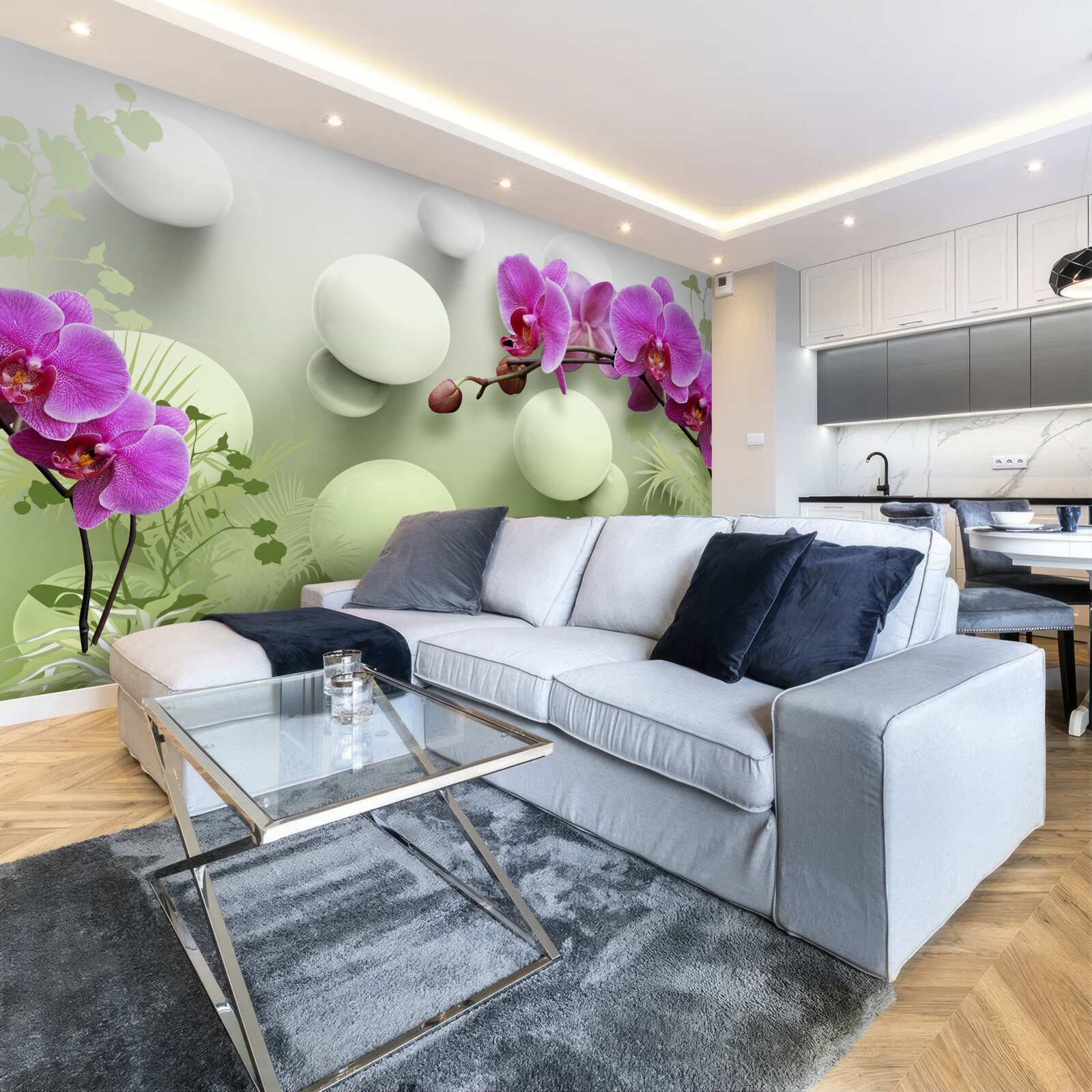 Papier peint orchidées dans les tons blanc et violet