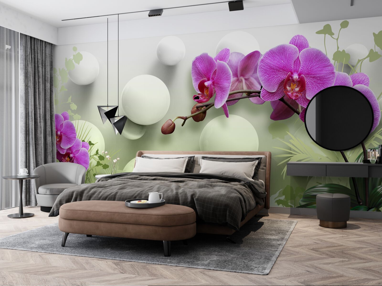 Papier peint orchidées dans les tons blanc et violet