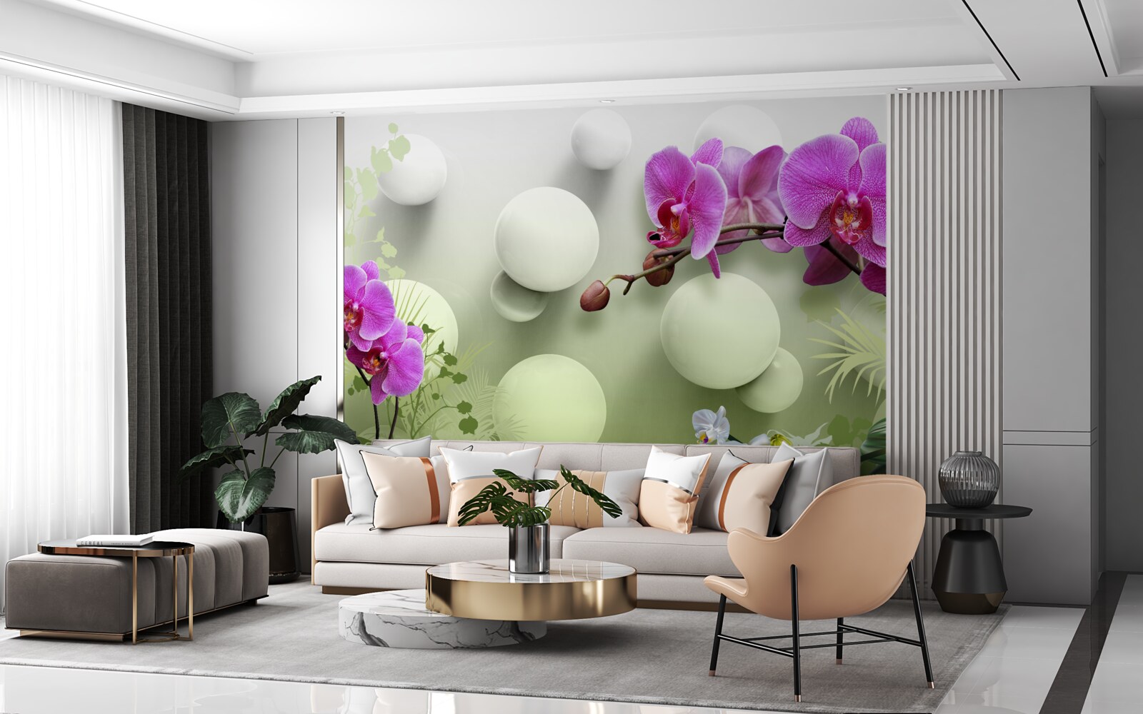 Papier peint orchidées dans les tons blanc et violet