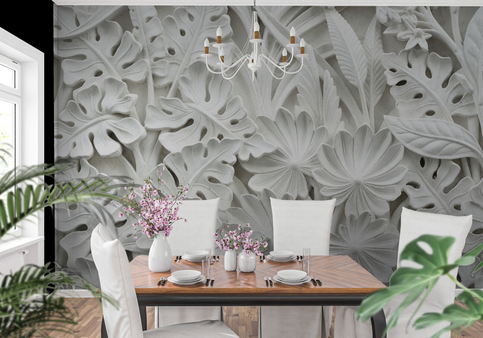 Papier peint diverses feuilles tropicales blanches