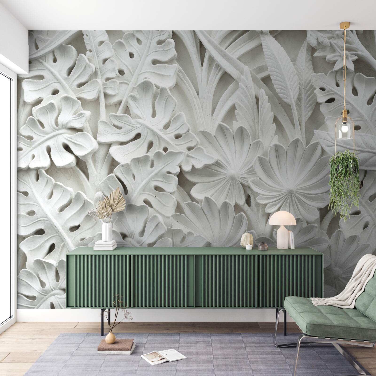 Papier peint diverses feuilles tropicales blanches