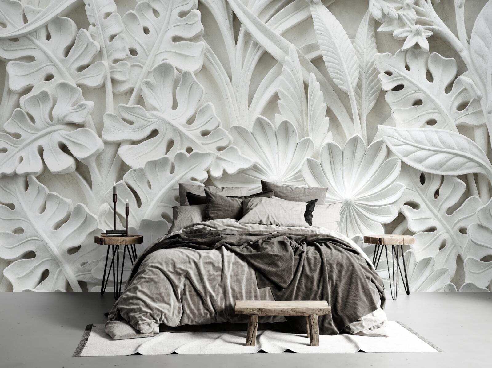 Papier peint diverses feuilles tropicales blanches