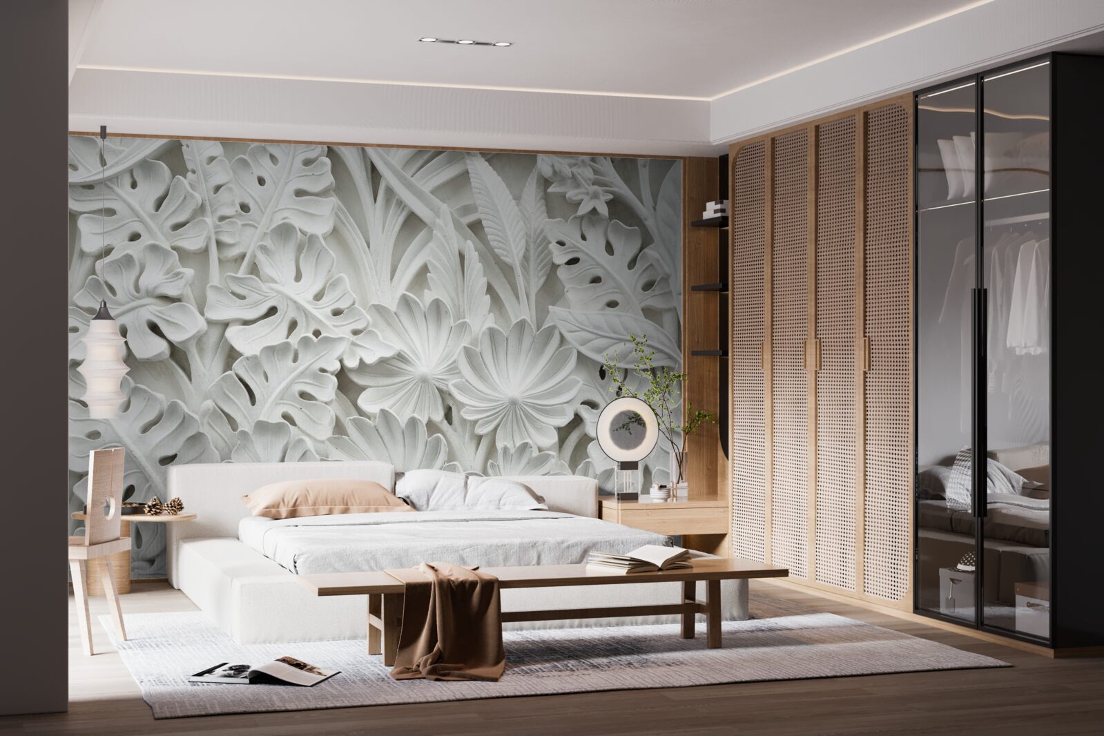 Papier peint diverses feuilles tropicales blanches