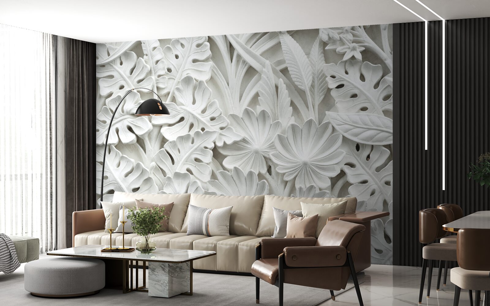 Papier peint diverses feuilles tropicales blanches