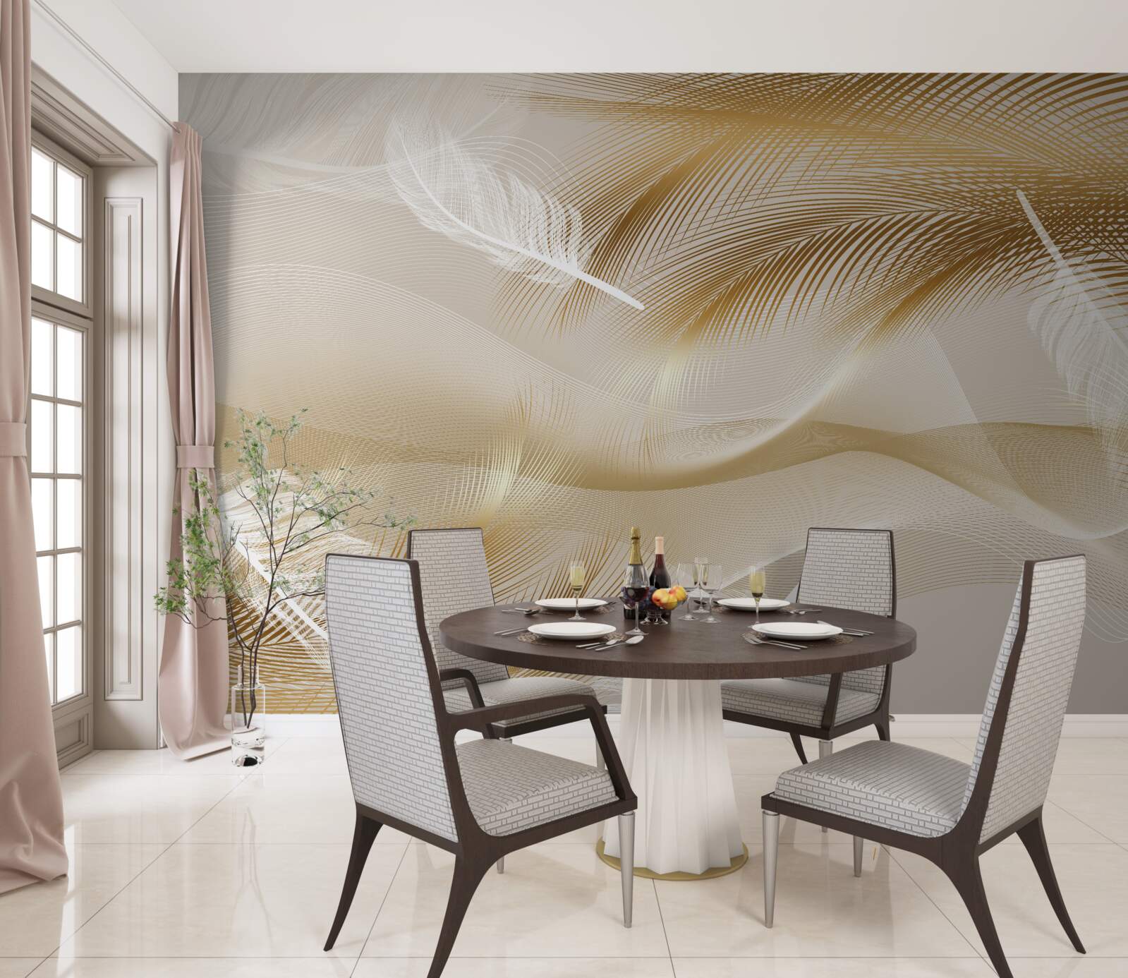 Papier peint branches dorées et duvet blanc