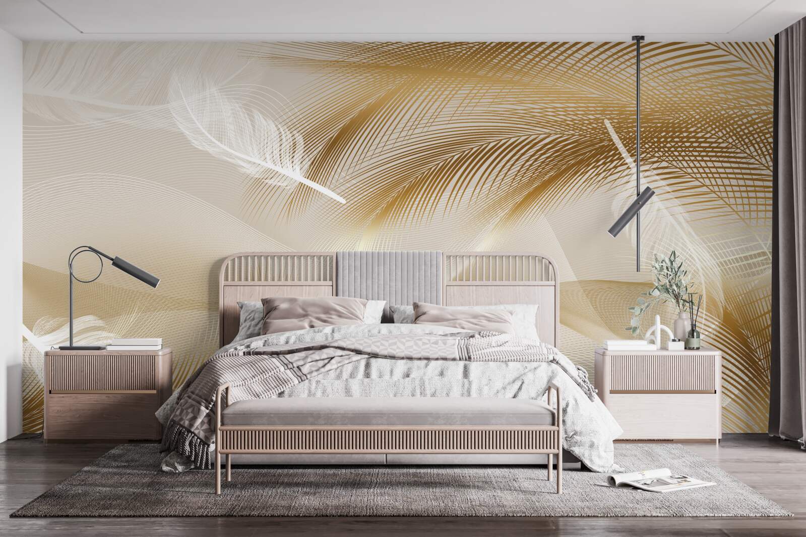 Papier peint branches dorées et duvet blanc