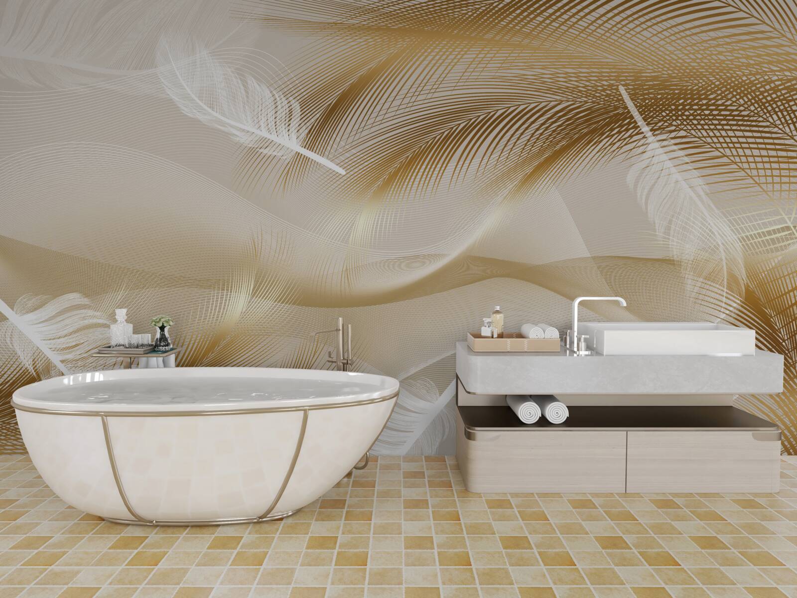 Papier peint branches dorées et duvet blanc