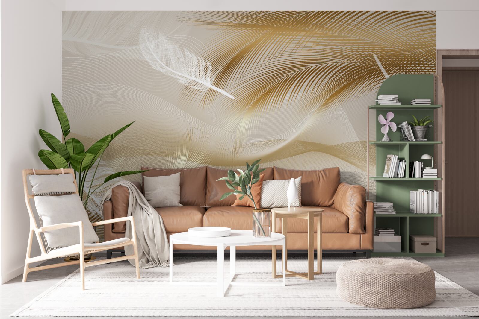 Papier peint branches dorées et duvet blanc