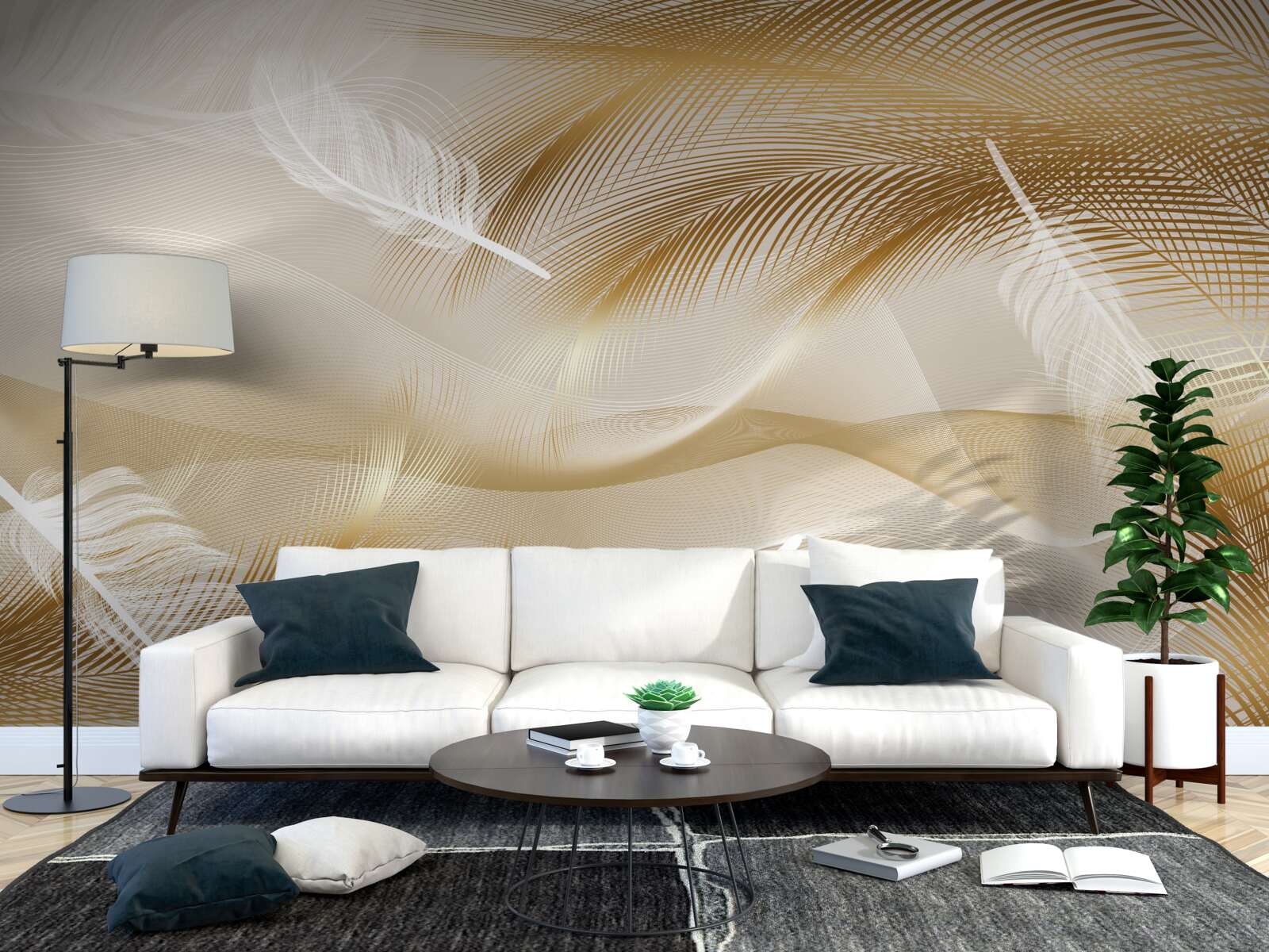 Papier peint branches dorées et duvet blanc