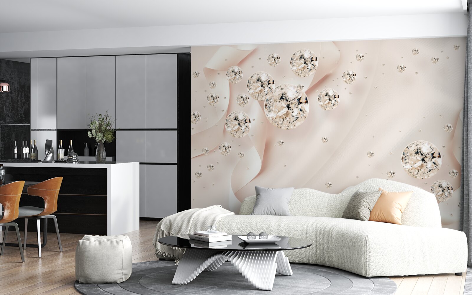 Papier peint des diamants blancs se détachent sur un fond rose délicat