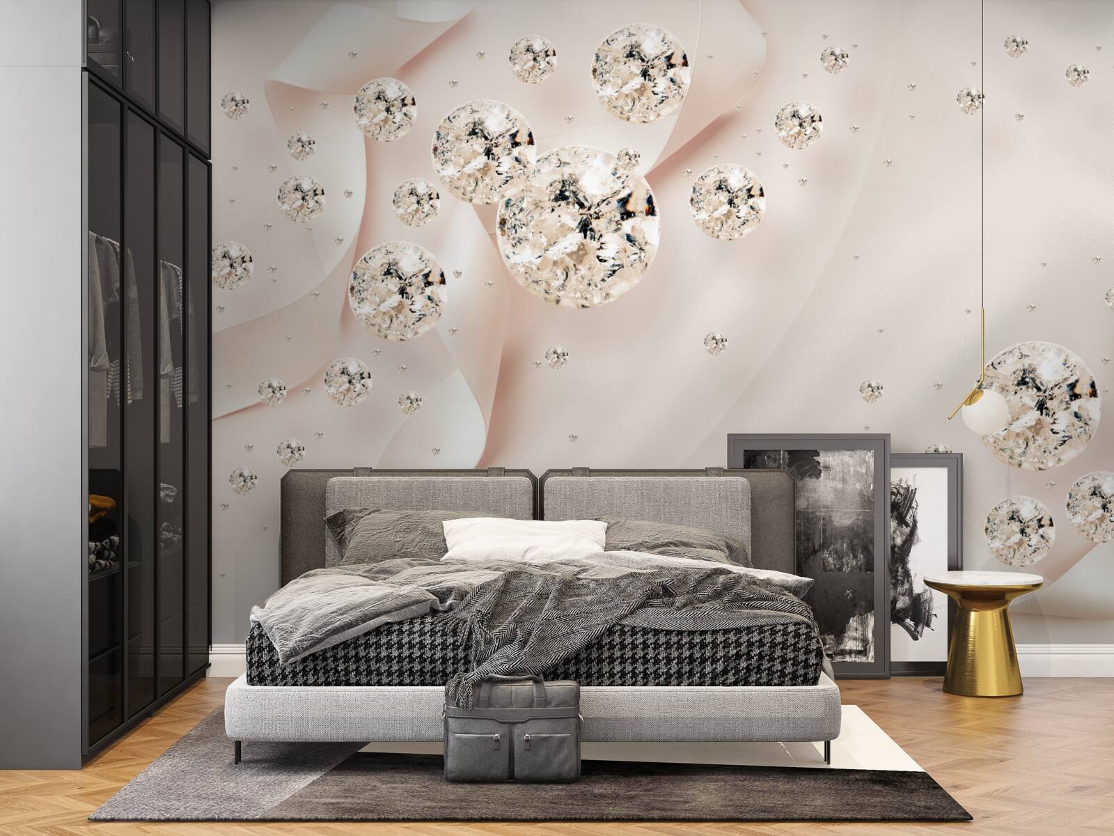 Papier peint des diamants blancs se détachent sur un fond rose délicat