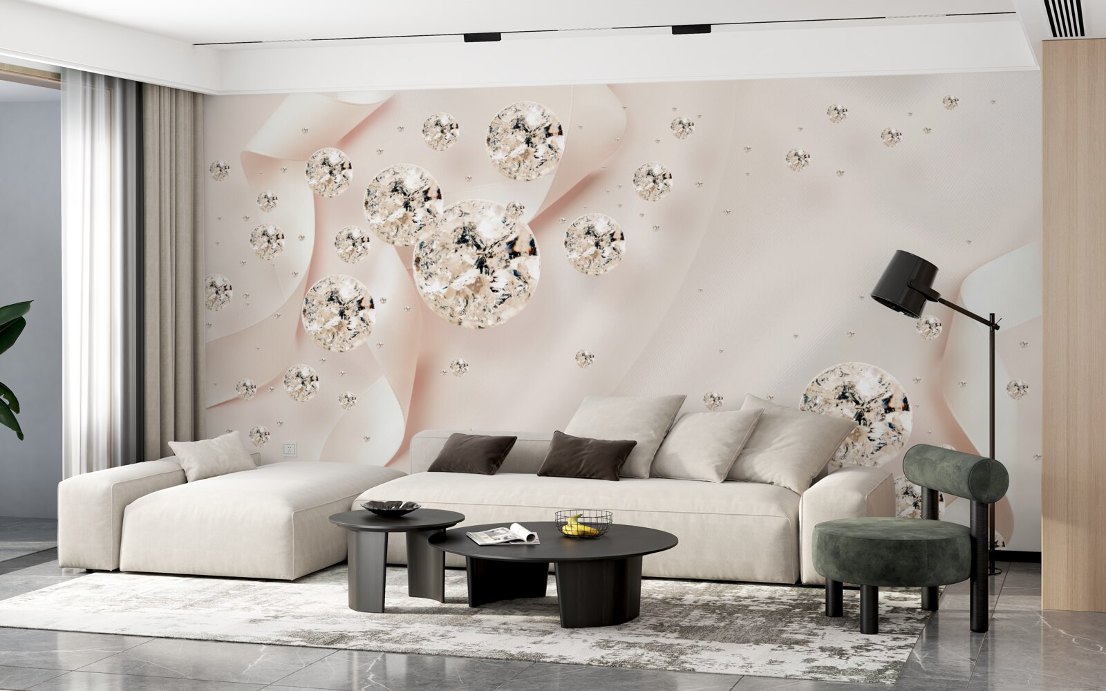 Papier peint des diamants blancs se détachent sur un fond rose délicat