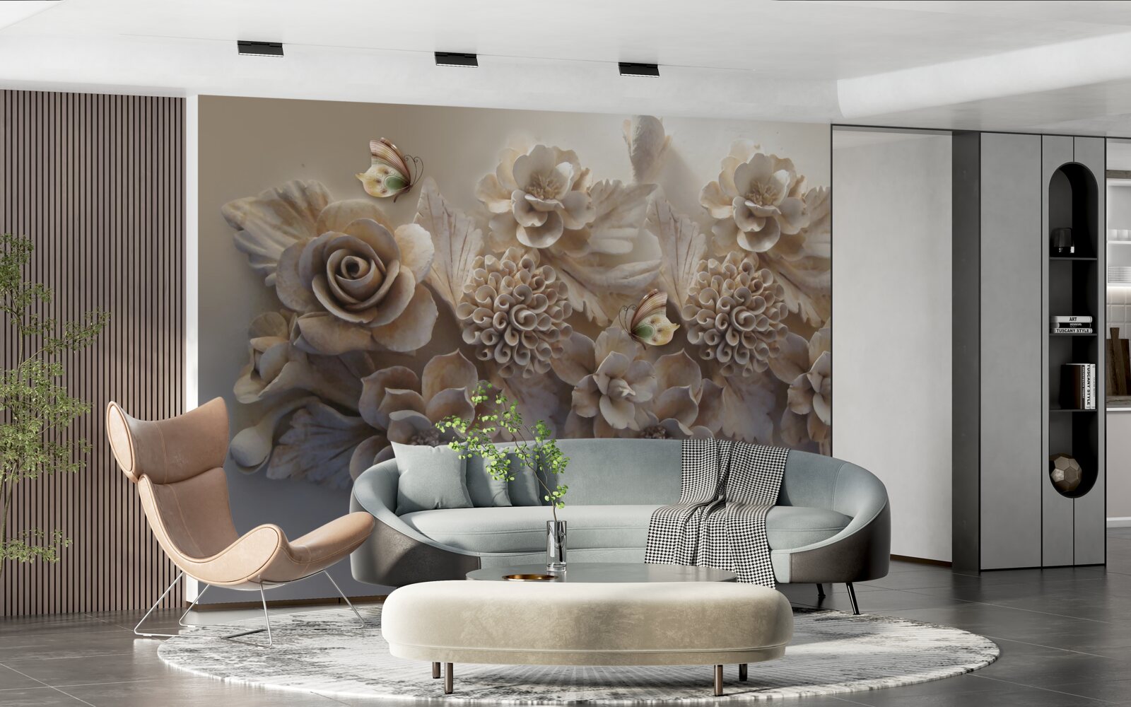 Papier peint ensemble de grandes fleurs dans les tons crème