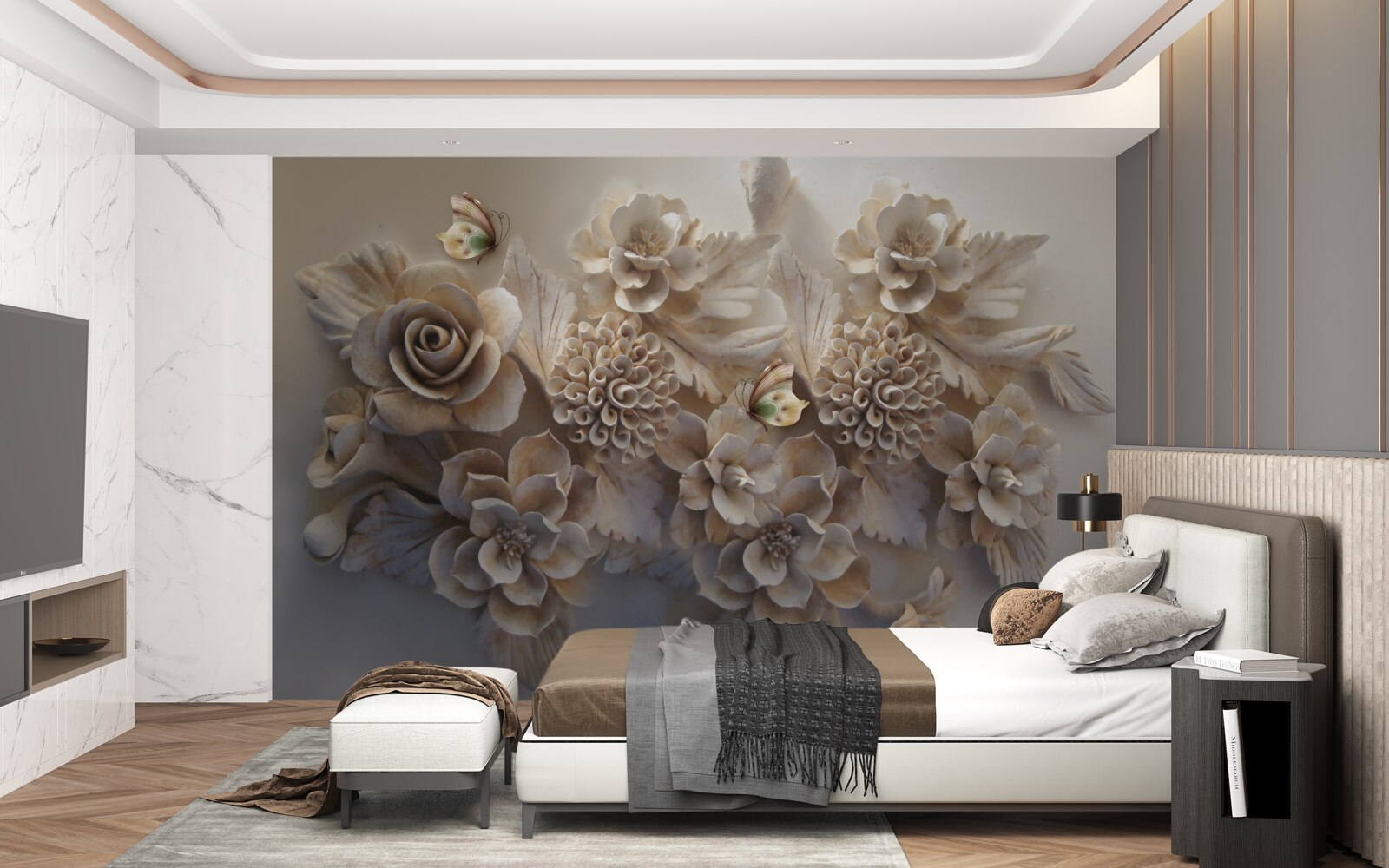 Papier peint ensemble de grandes fleurs dans les tons crème