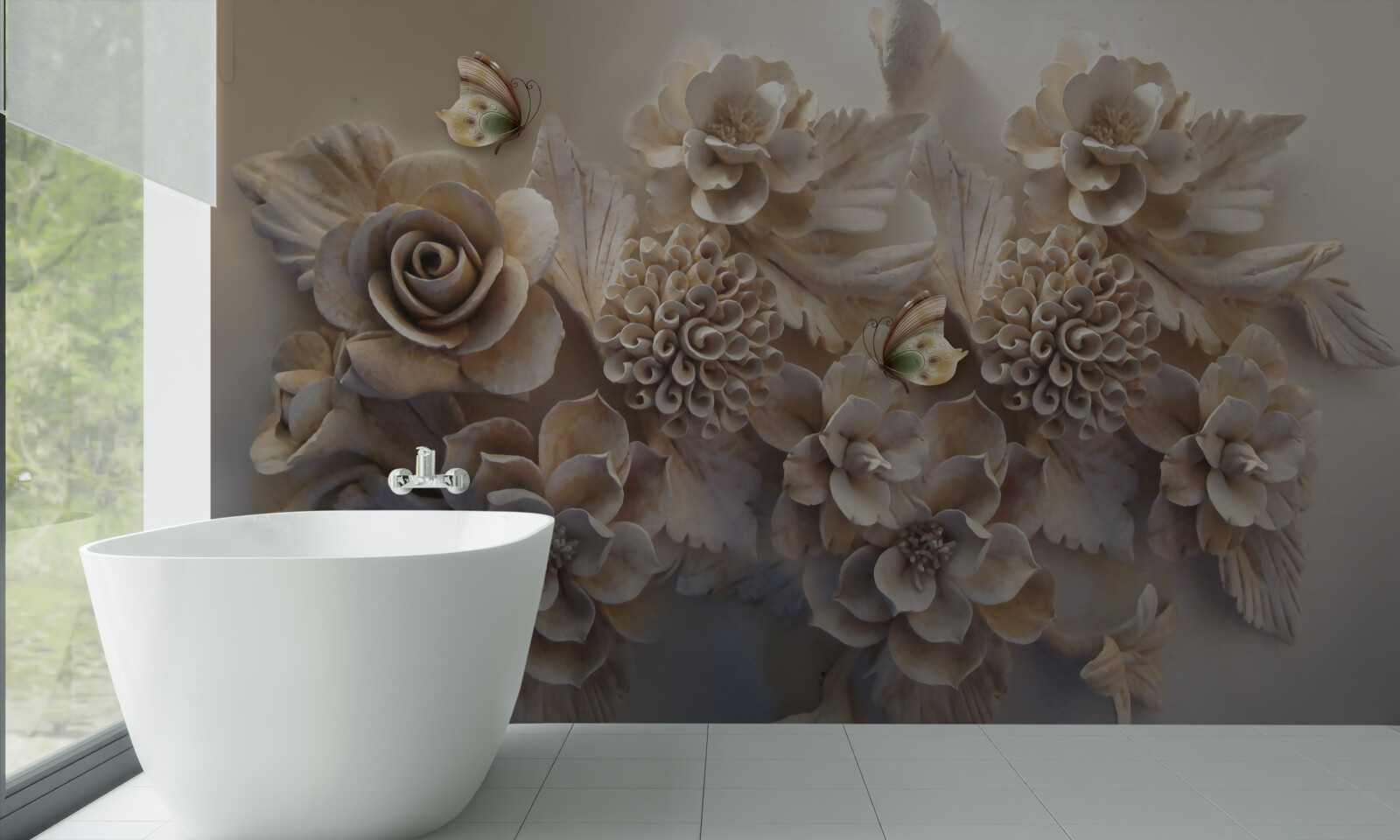 Papier peint ensemble de grandes fleurs dans les tons crème