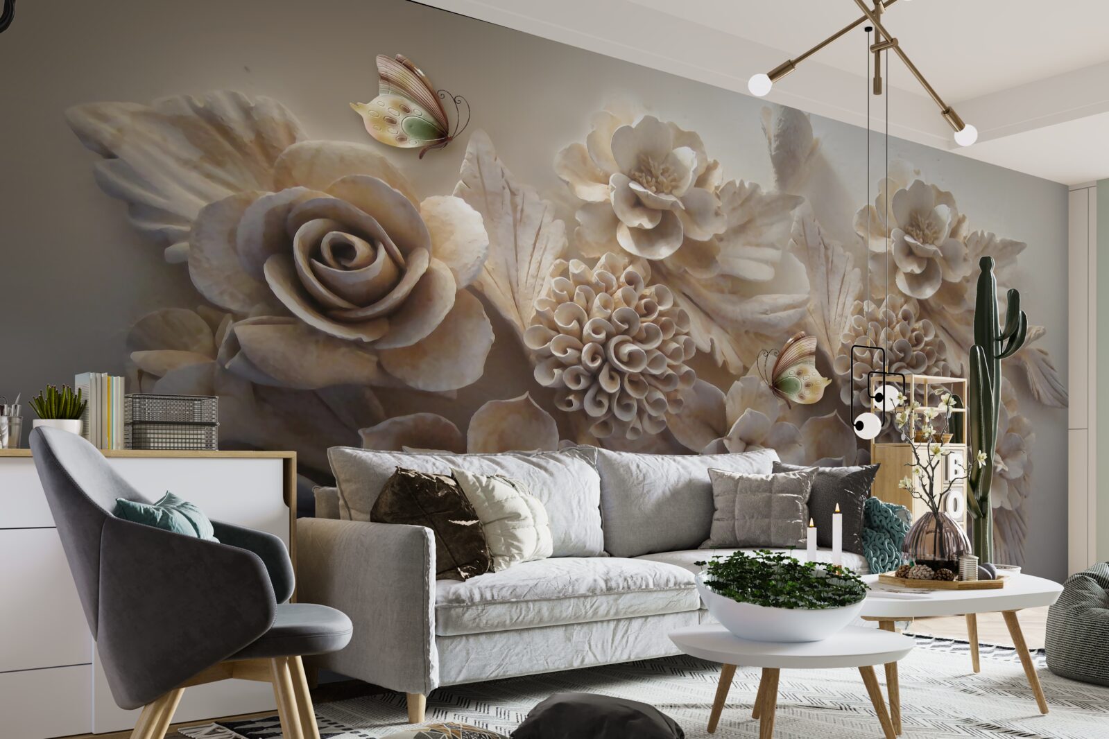 Papier peint ensemble de grandes fleurs dans les tons crème