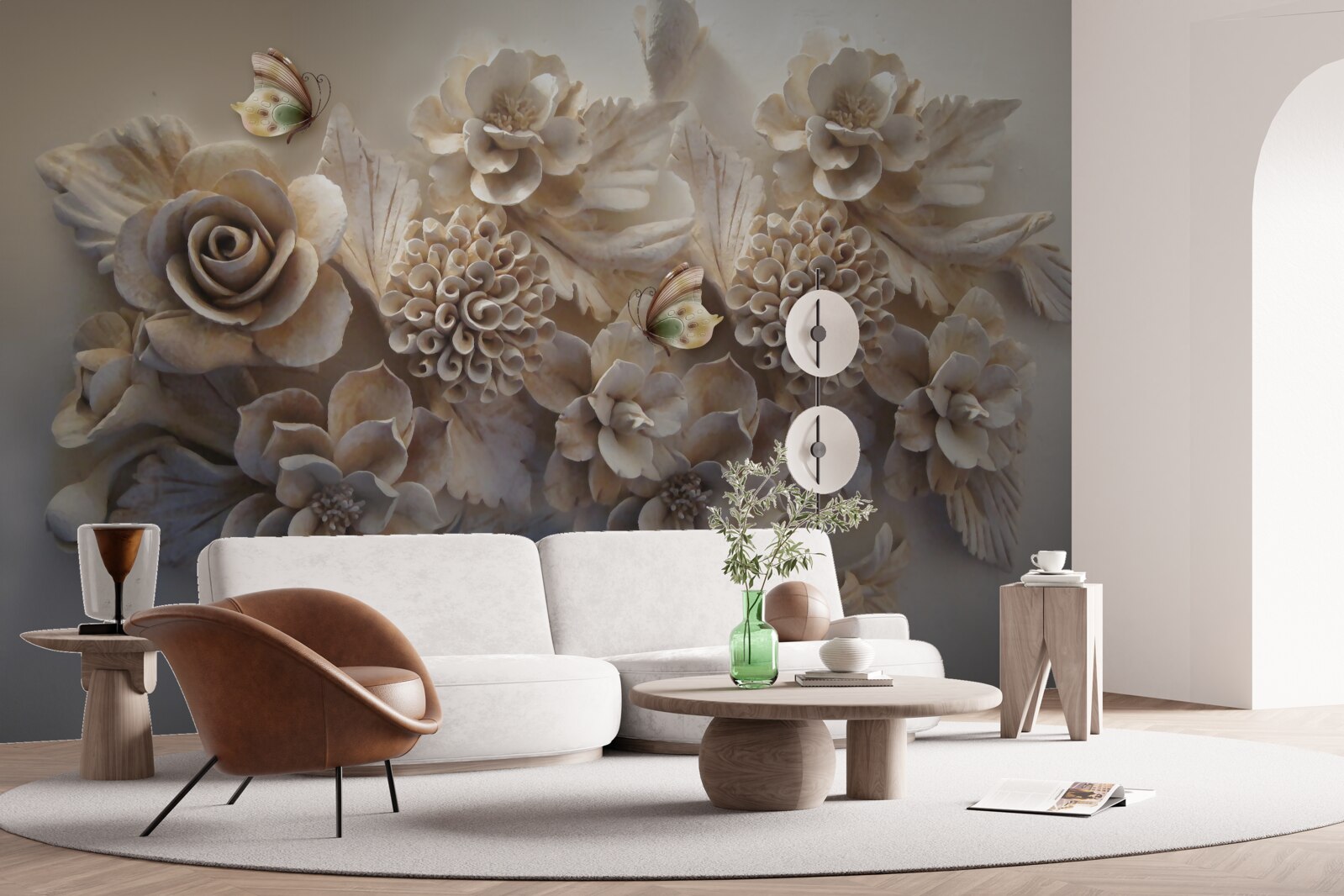 Papier peint ensemble de grandes fleurs dans les tons crème