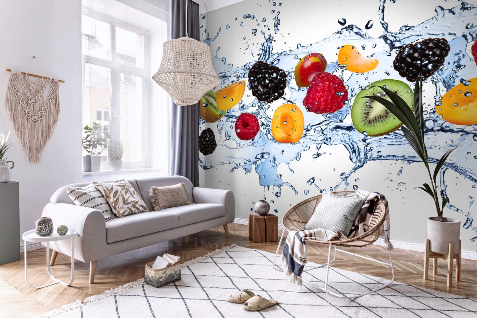 Papier peint les fruits coupés en morceaux et flottant dans l'eau étaient saturés d'humidité