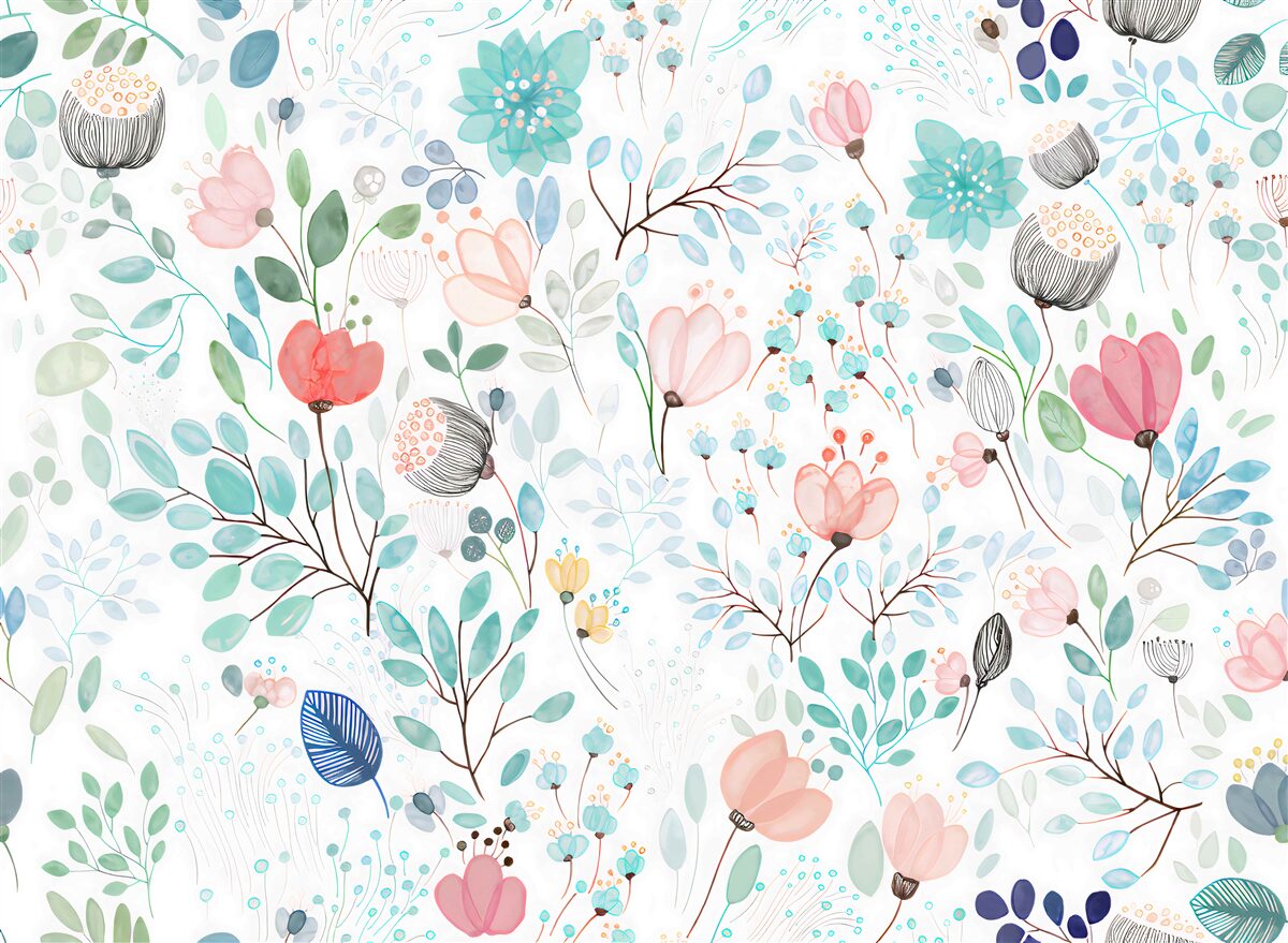 Papier peint fleurs et feuilles à l'aquarelle dans des tons délicats