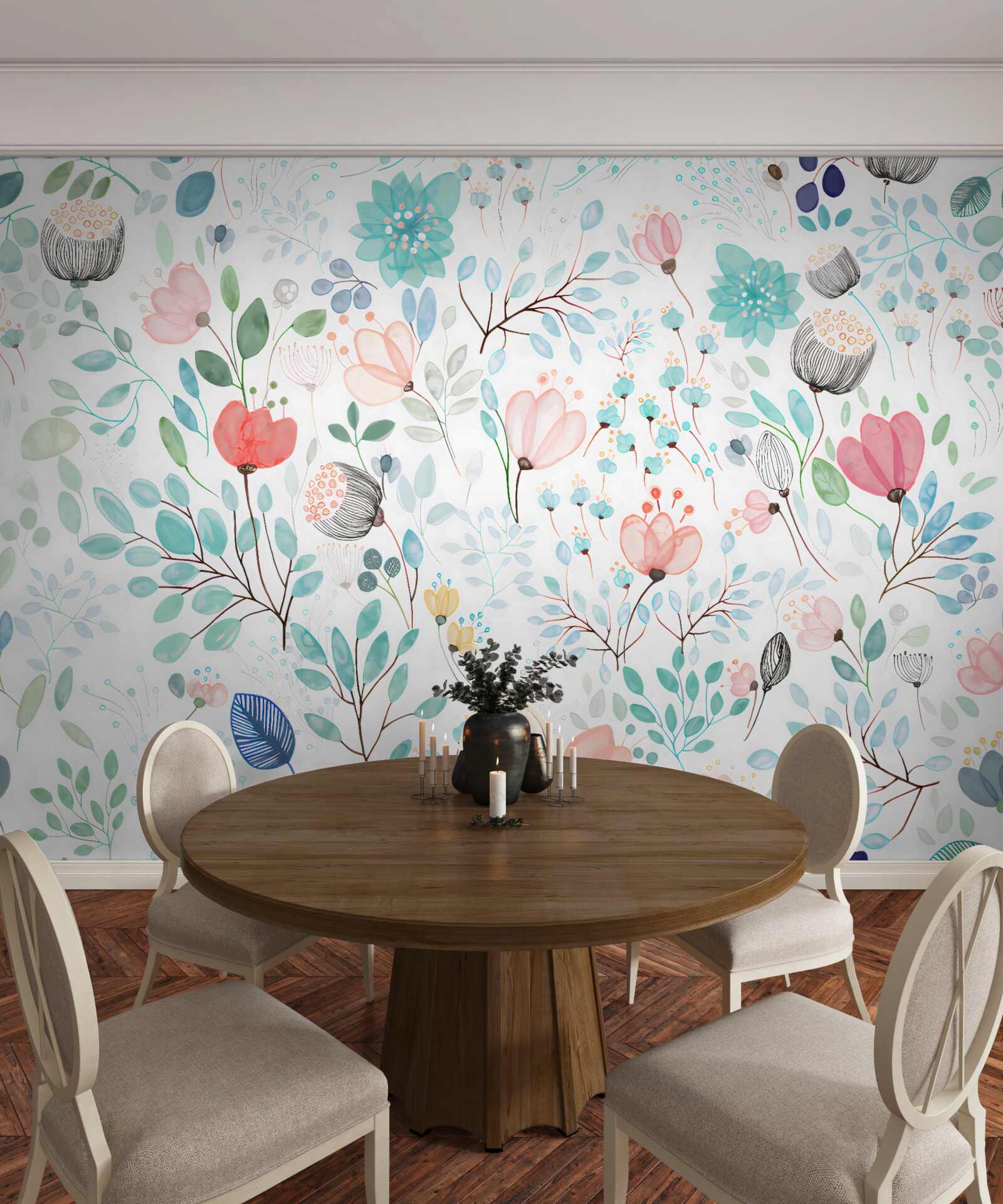 Papier peint fleurs et feuilles à l'aquarelle dans des tons délicats