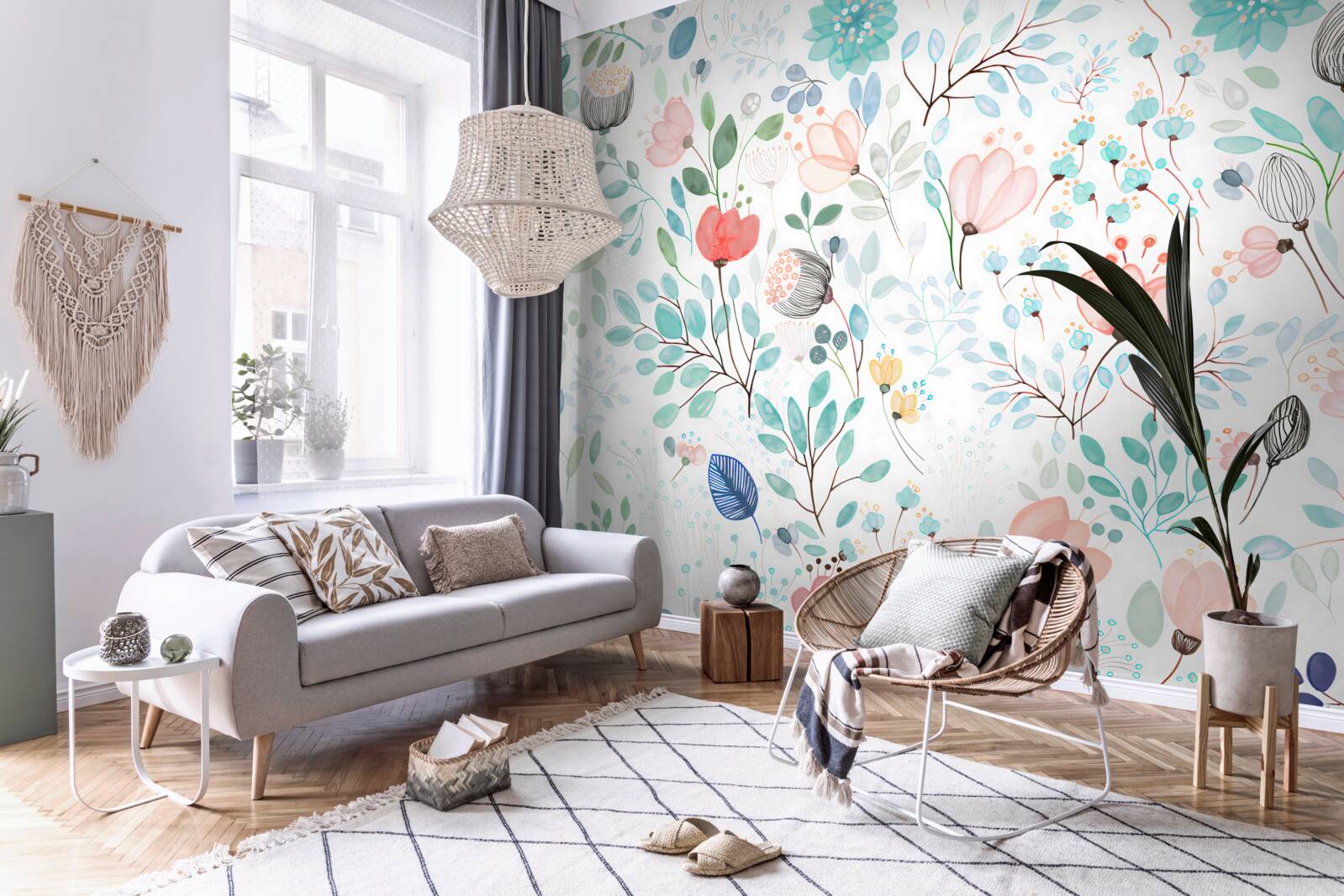 Papier peint fleurs et feuilles à l'aquarelle dans des tons délicats