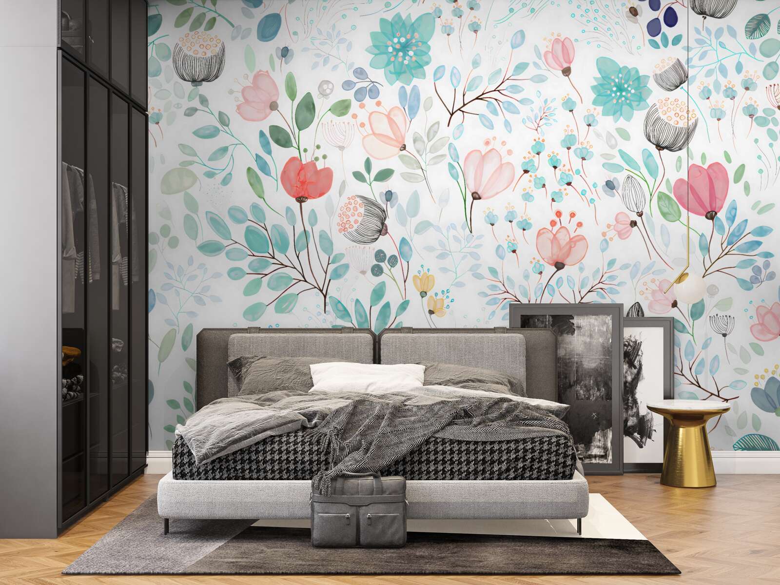 Papier peint fleurs et feuilles à l'aquarelle dans des tons délicats