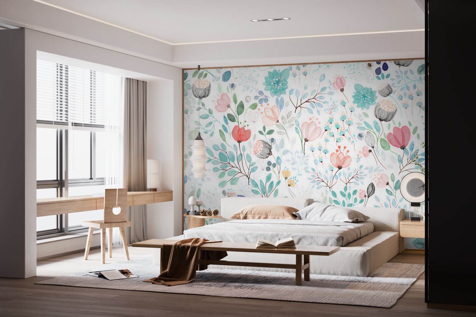 Papier peint fleurs et feuilles à l'aquarelle dans des tons délicats