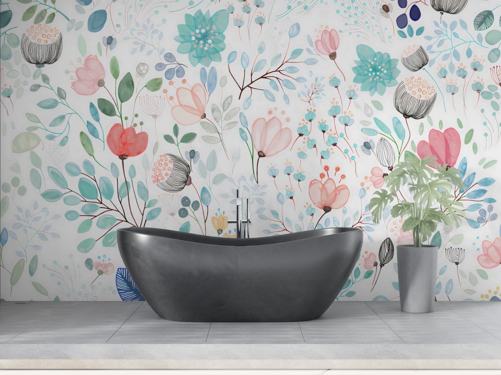 Papier peint fleurs et feuilles à l'aquarelle dans des tons délicats