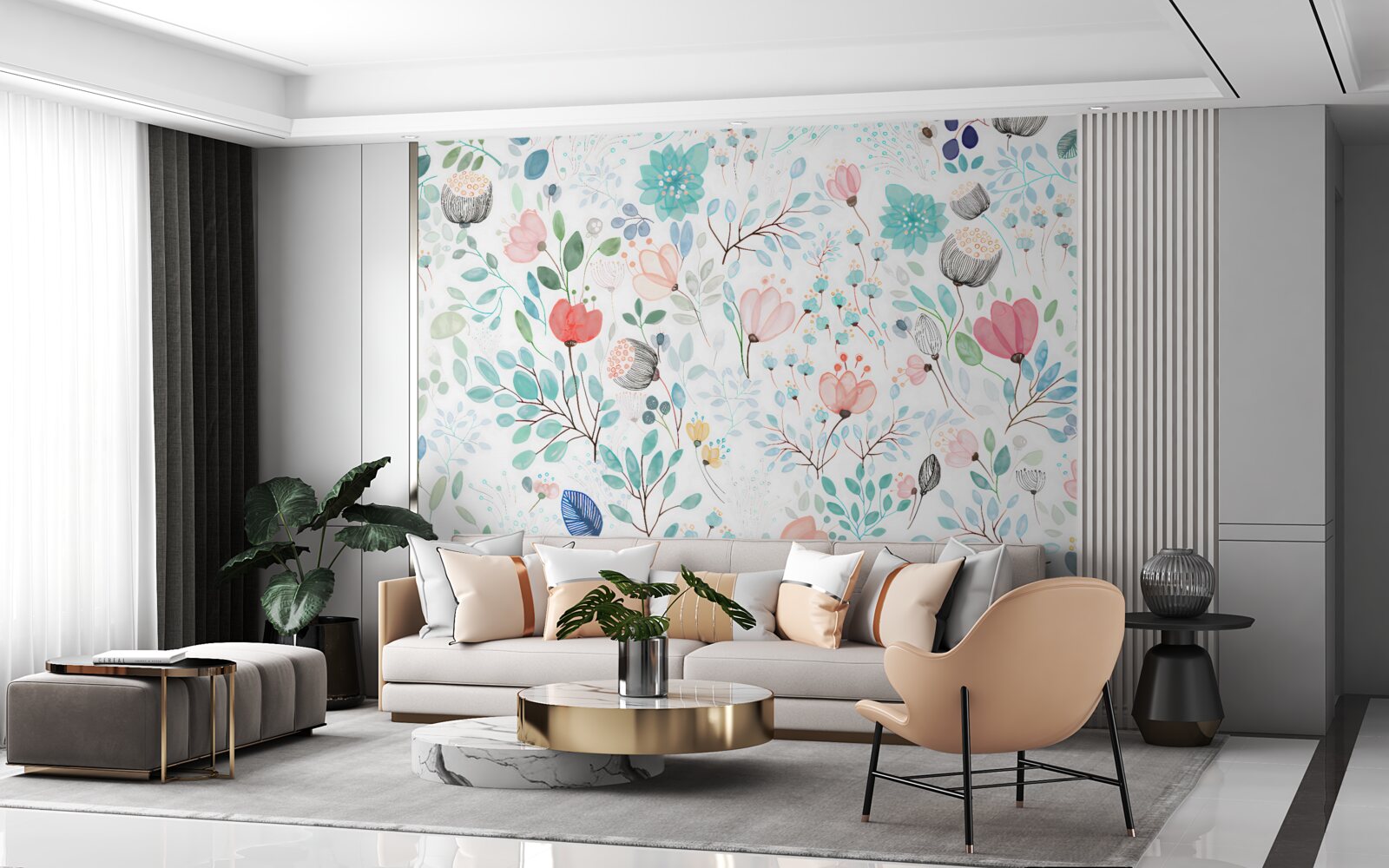 Papier peint fleurs et feuilles à l'aquarelle dans des tons délicats