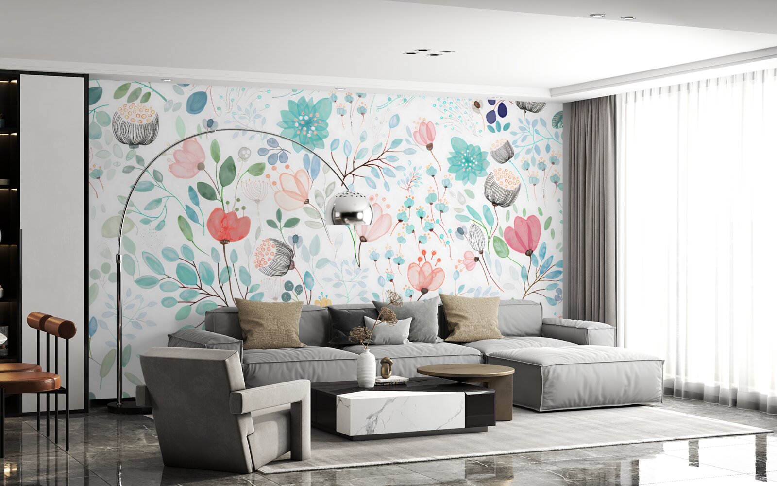 Papier peint fleurs et feuilles à l'aquarelle dans des tons délicats