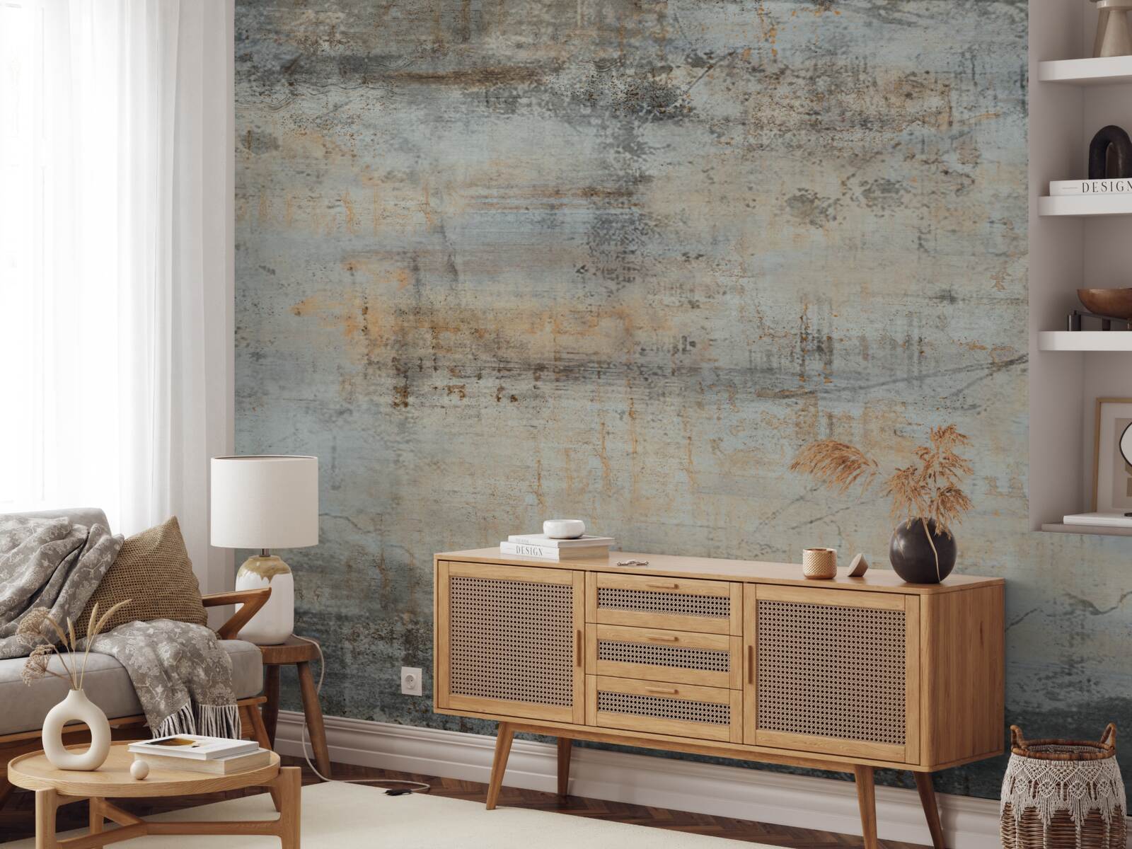 Papier peint mur gris, abîmé par le temps