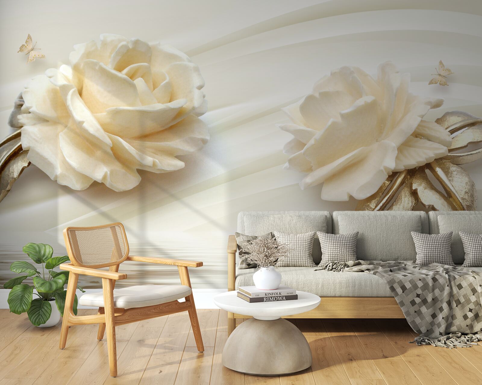 Papier peint deux grandes fleurs de rose beige