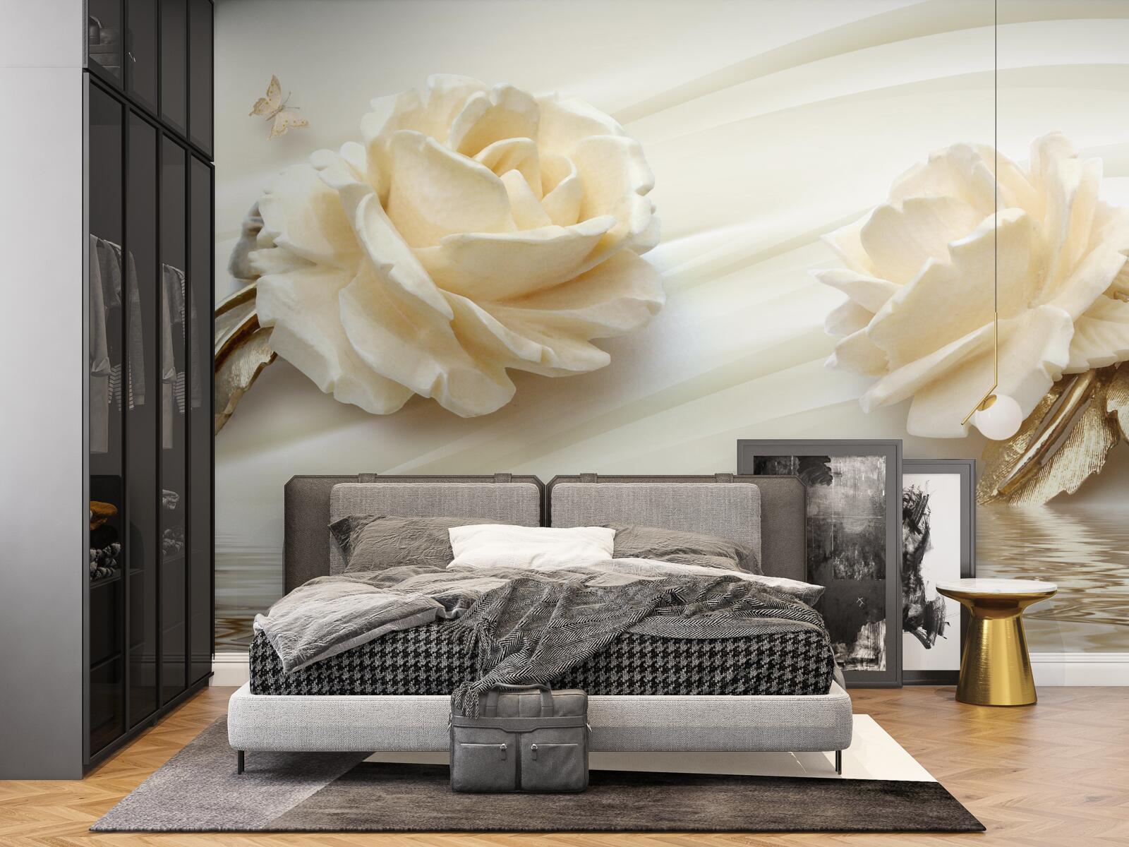 Papier peint deux grandes fleurs de rose beige