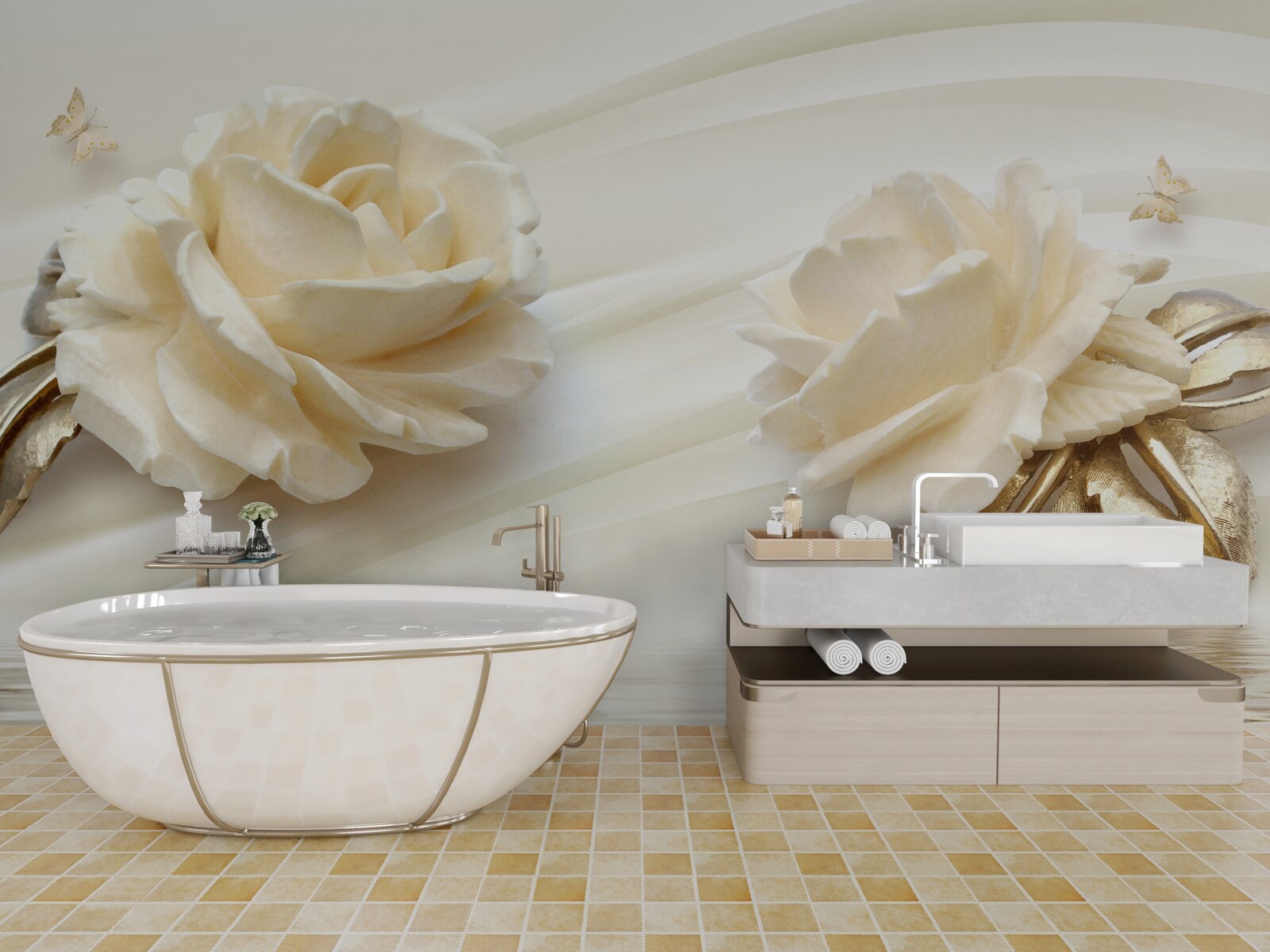 Papier peint deux grandes fleurs de rose beige