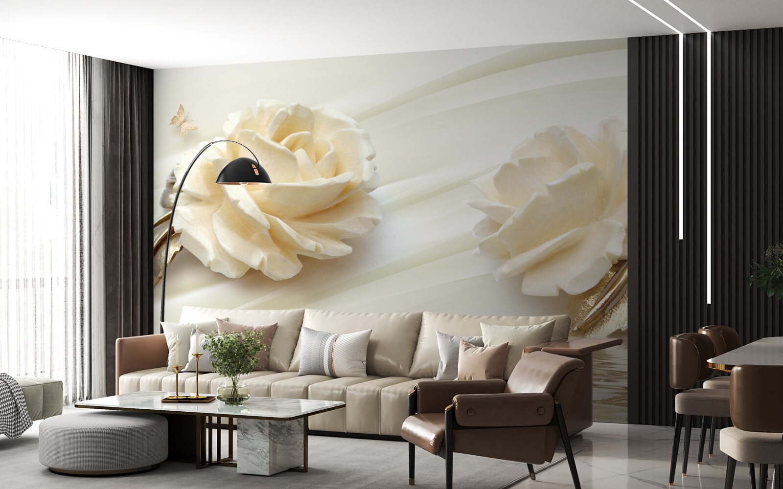 Papier peint deux grandes fleurs de rose beige