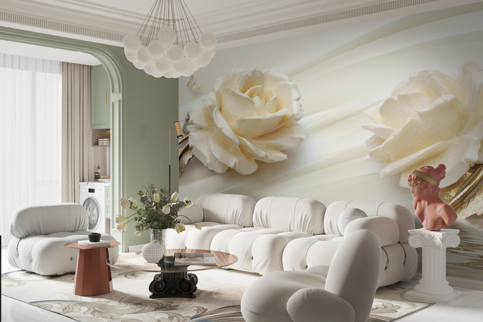 Papier peint deux grandes fleurs de rose beige