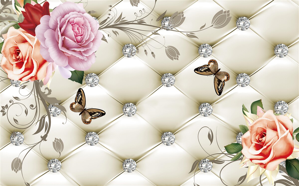 Papier peint Mur décoré de roses et de papillons sur fond blanc matelassé