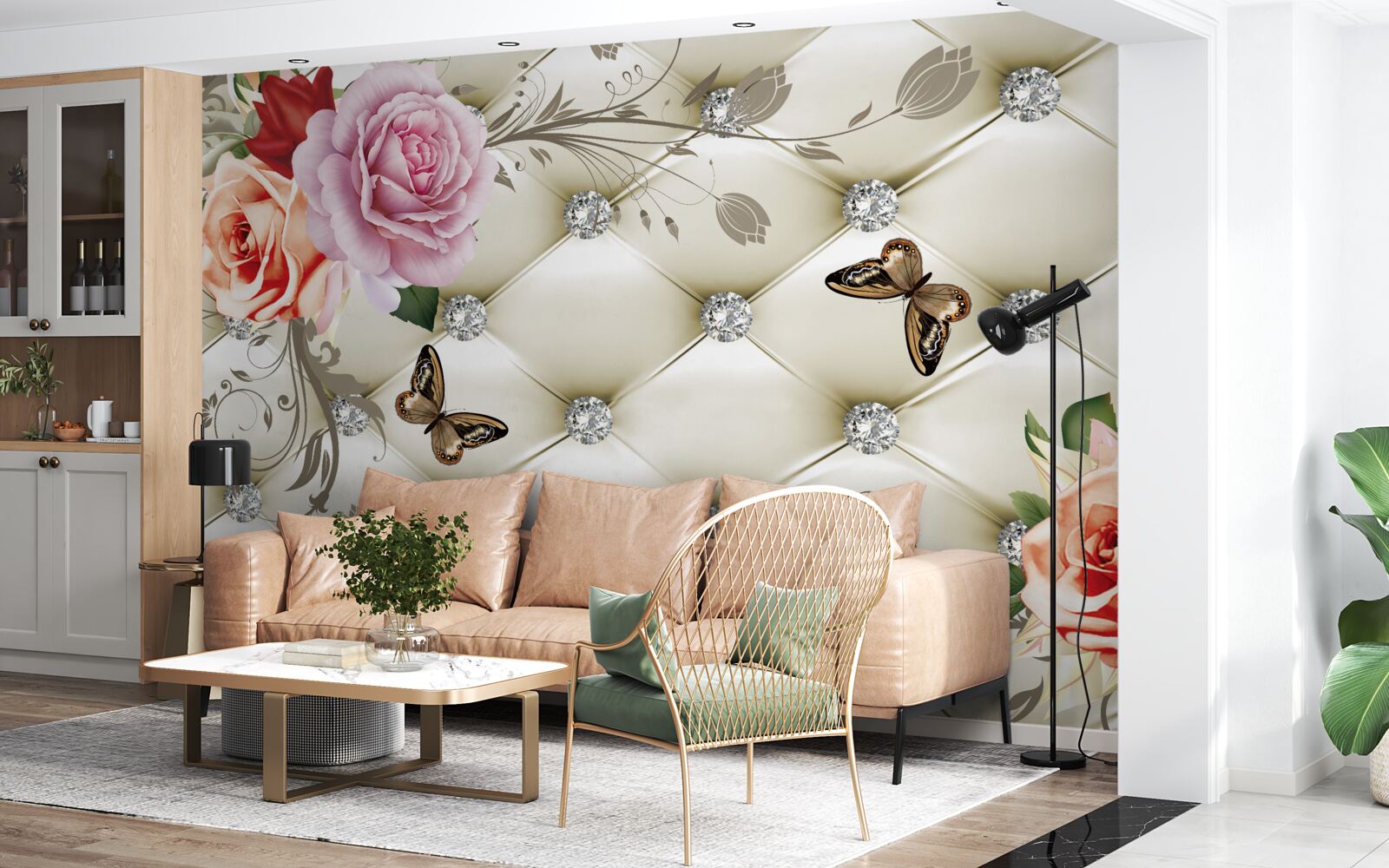 Papier peint Mur décoré de roses et de papillons sur fond blanc matelassé