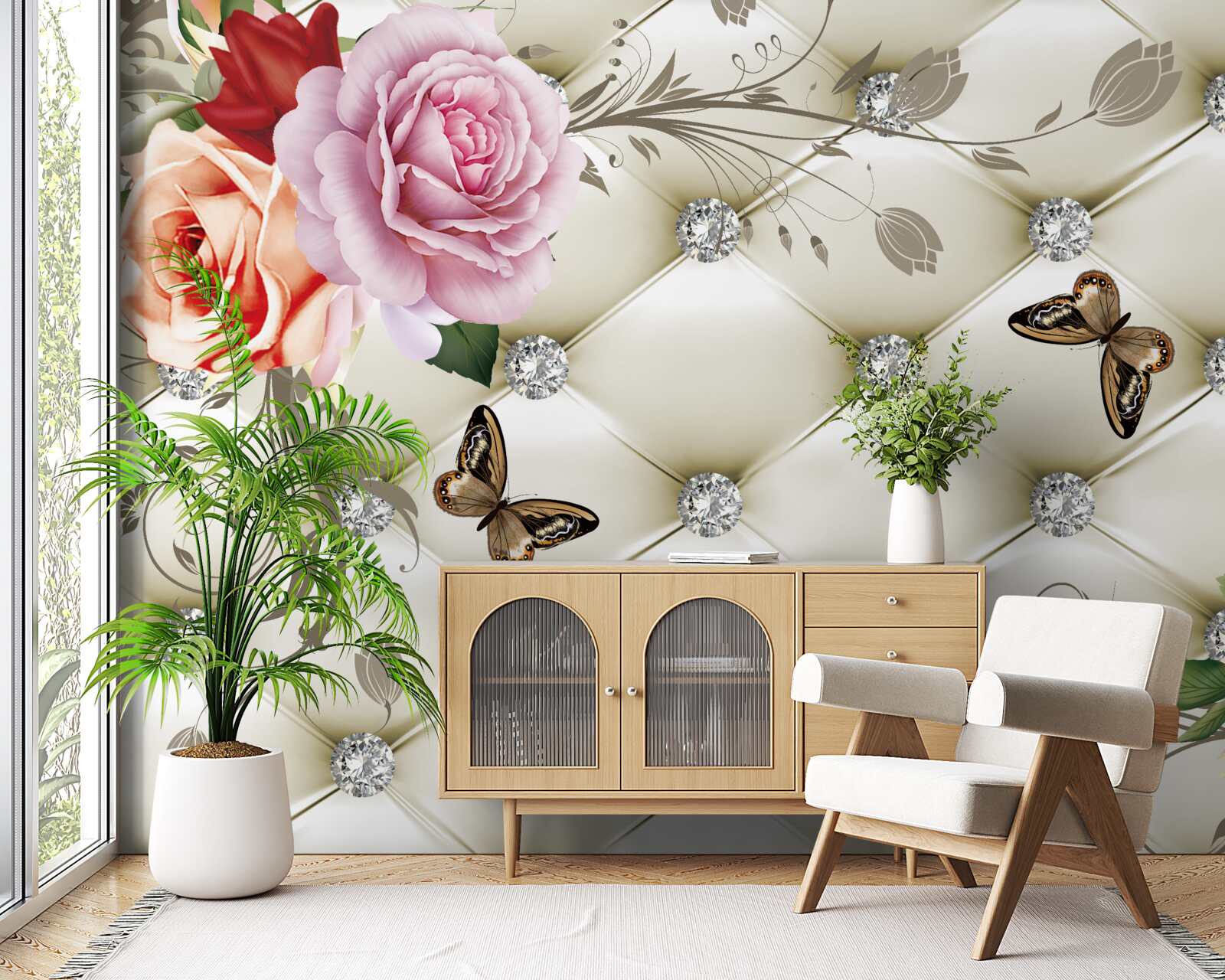 Papier peint Mur décoré de roses et de papillons sur fond blanc matelassé