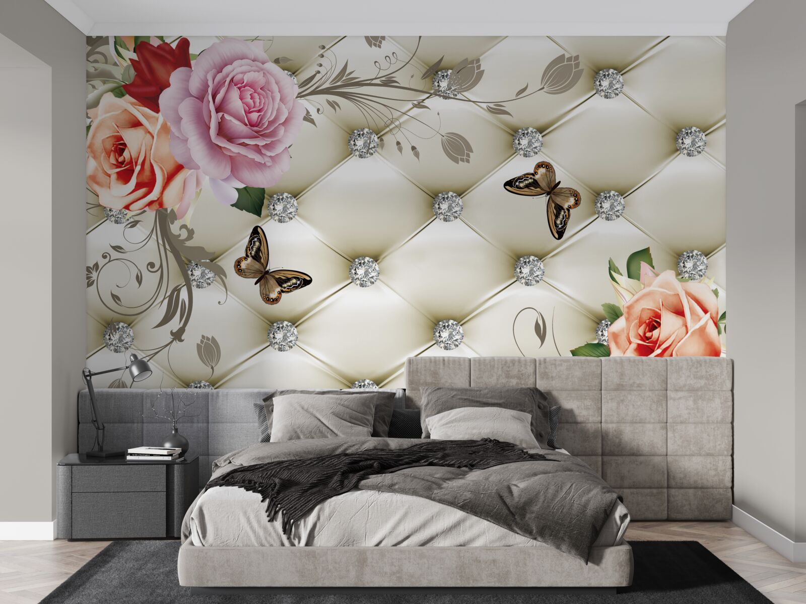 Papier peint Mur décoré de roses et de papillons sur fond blanc matelassé