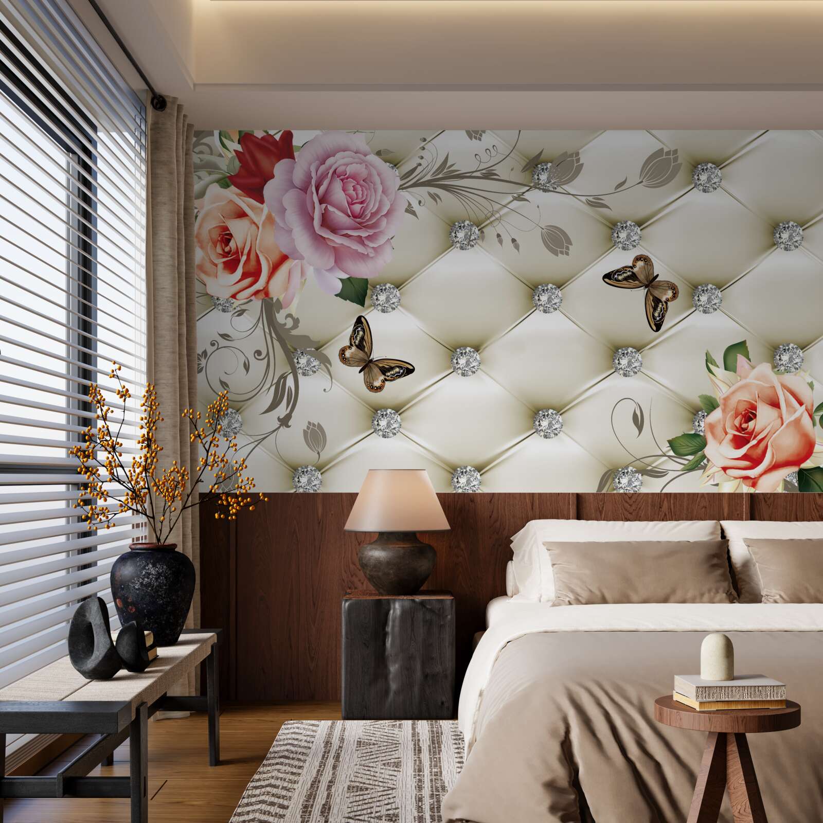 Papier peint Mur décoré de roses et de papillons sur fond blanc matelassé
