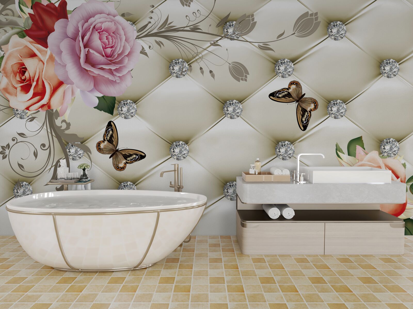 Papier peint Mur décoré de roses et de papillons sur fond blanc matelassé