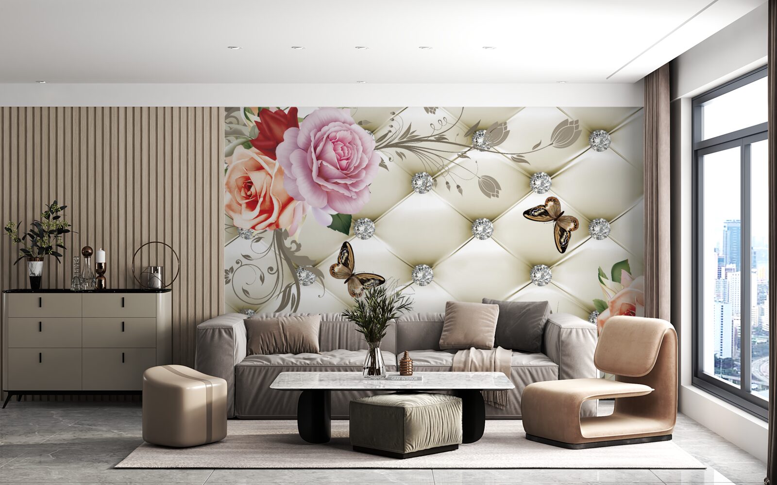 Papier peint Mur décoré de roses et de papillons sur fond blanc matelassé