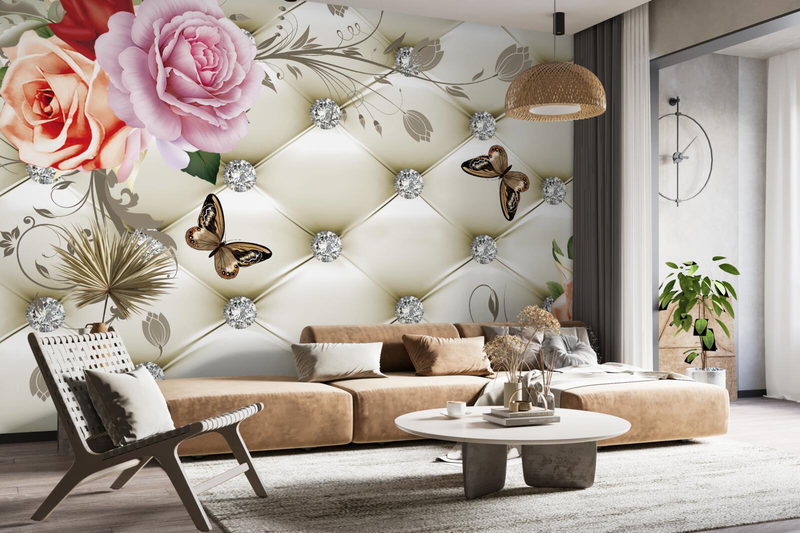 Papier peint Mur décoré de roses et de papillons sur fond blanc matelassé