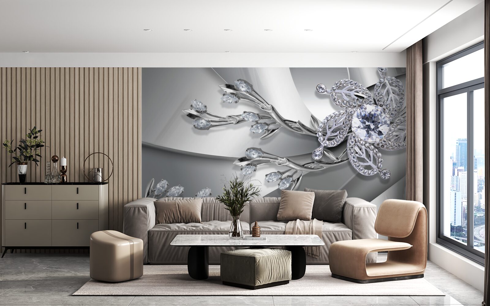 Papier peint bourgeon et branches en pierre