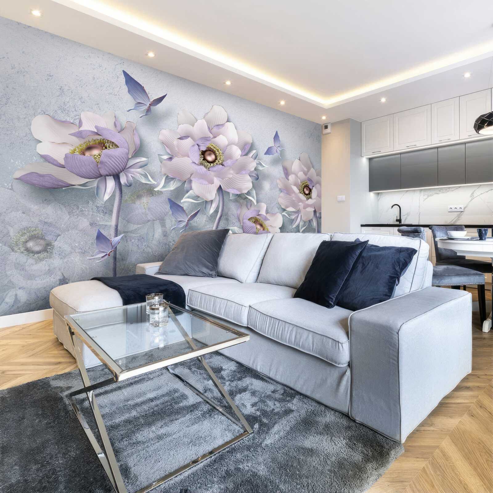 Papier peint des papillons violets et des fleurs d'une délicatesse exceptionnelle