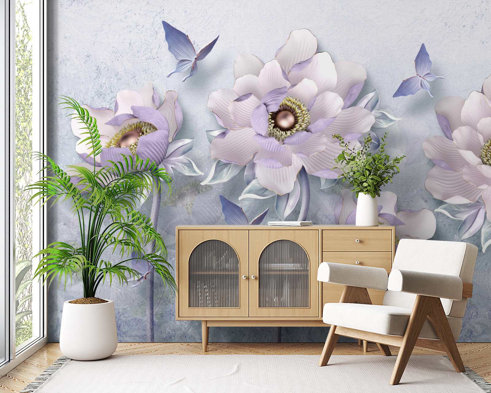 Papier peint des papillons violets et des fleurs d'une délicatesse exceptionnelle