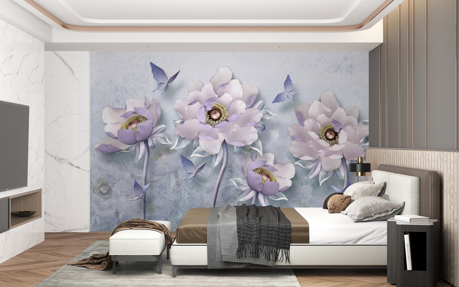 Papier peint des papillons violets et des fleurs d'une délicatesse exceptionnelle