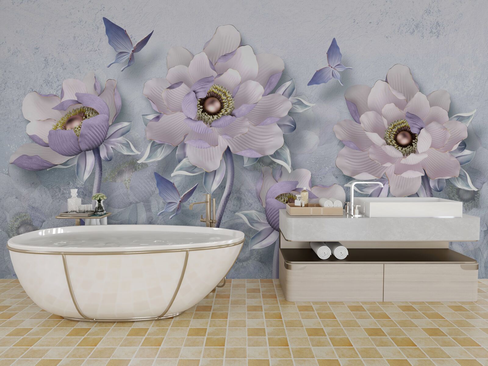 Papier peint des papillons violets et des fleurs d'une délicatesse exceptionnelle